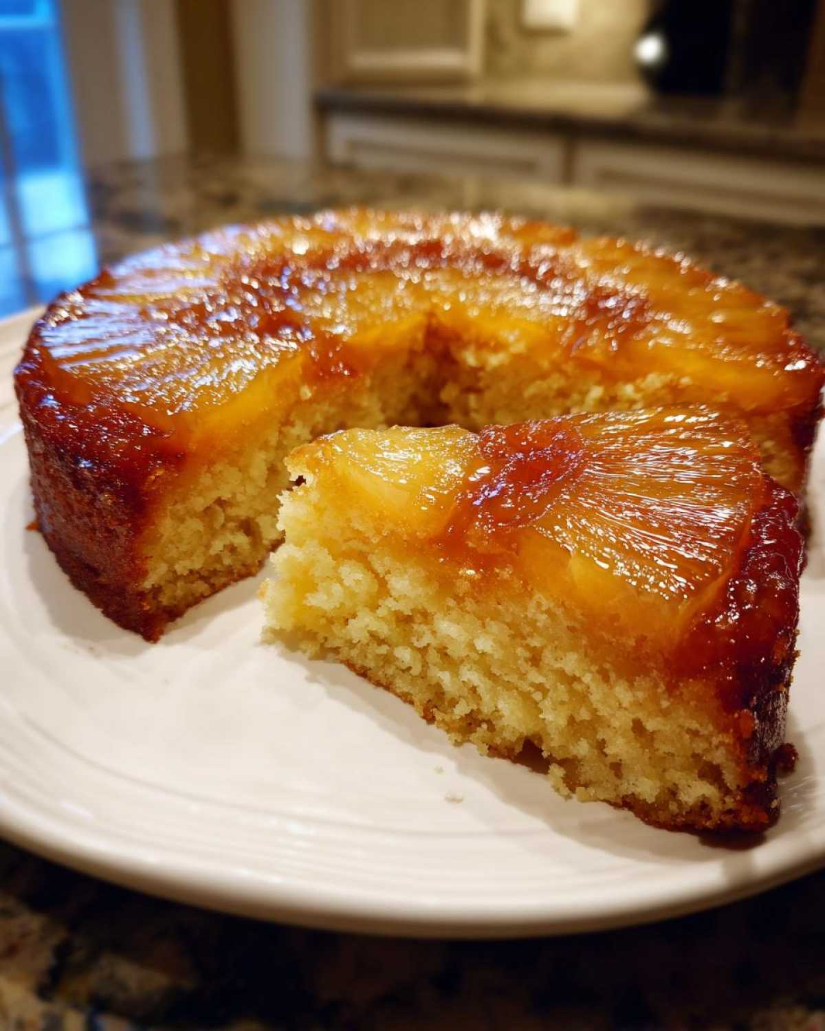 A slice of moist pineapple upside down cake with caramelized topping served on a white plate.