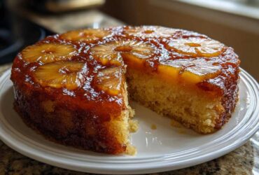 A freshly baked pineapple upside down cake with a slice removed, showing the moist crumb and glossy pineapple topping.