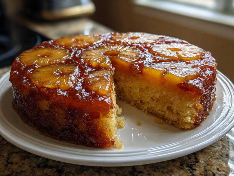 A freshly baked pineapple upside down cake with a slice removed, showing the moist crumb and glossy pineapple topping.