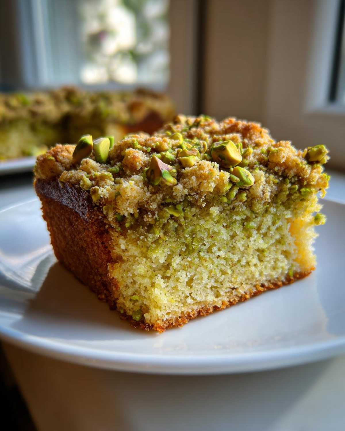Close-up of a moist slice of pistachio coffee cake topped with crumb and chopped pistachios.