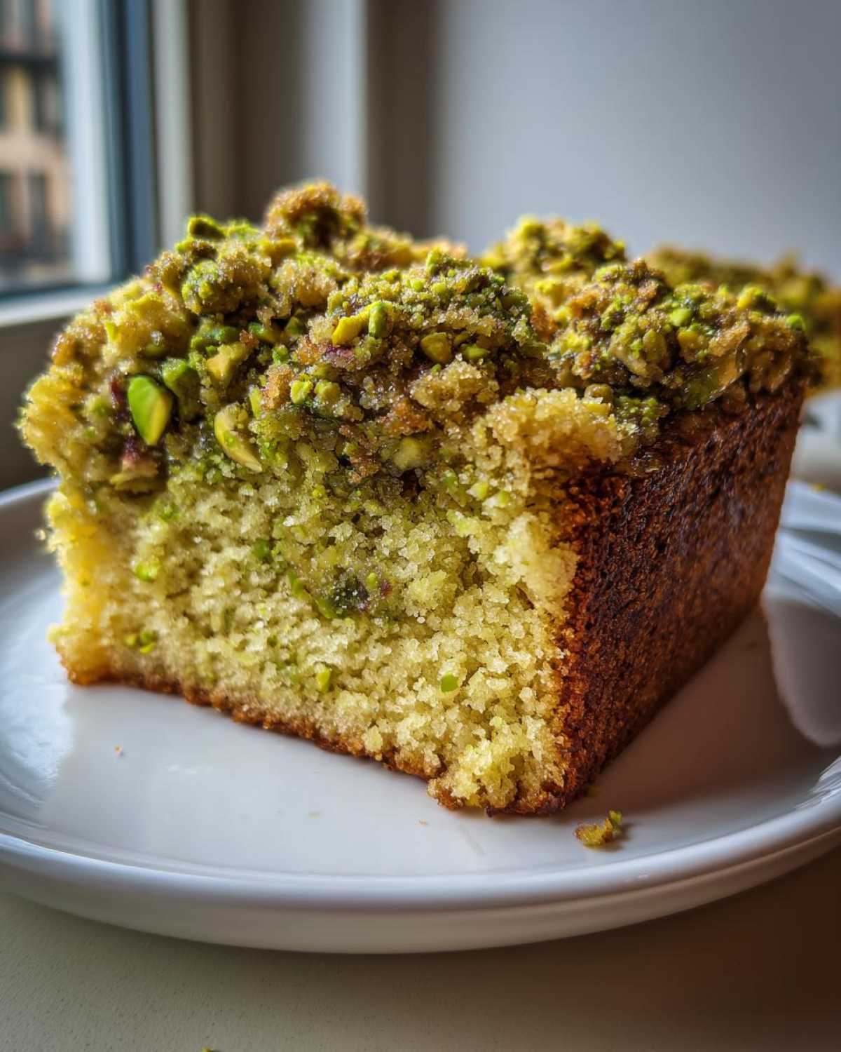 A close-up of a moist slice of pistachio coffee cake topped with a thick layer of green, sugary pistachio crumble.