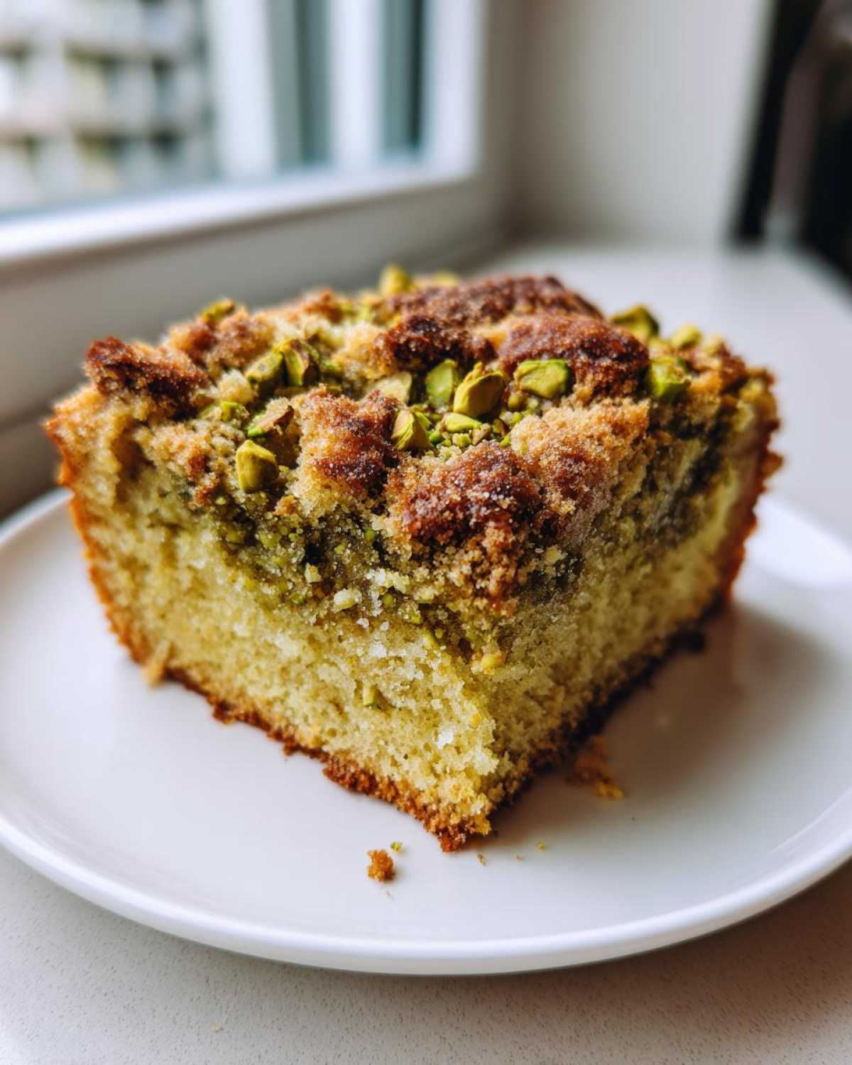 A close-up of a moist slice of pistachio coffee cake topped with brown sugar streusel and chopped pistachios.