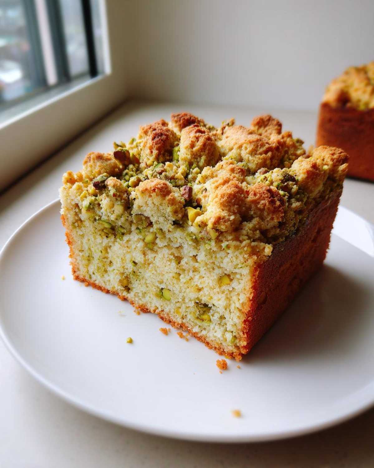 A square slice of moist pistachio coffee cake with a crunchy pistachio streusel topping, served on a white plate.