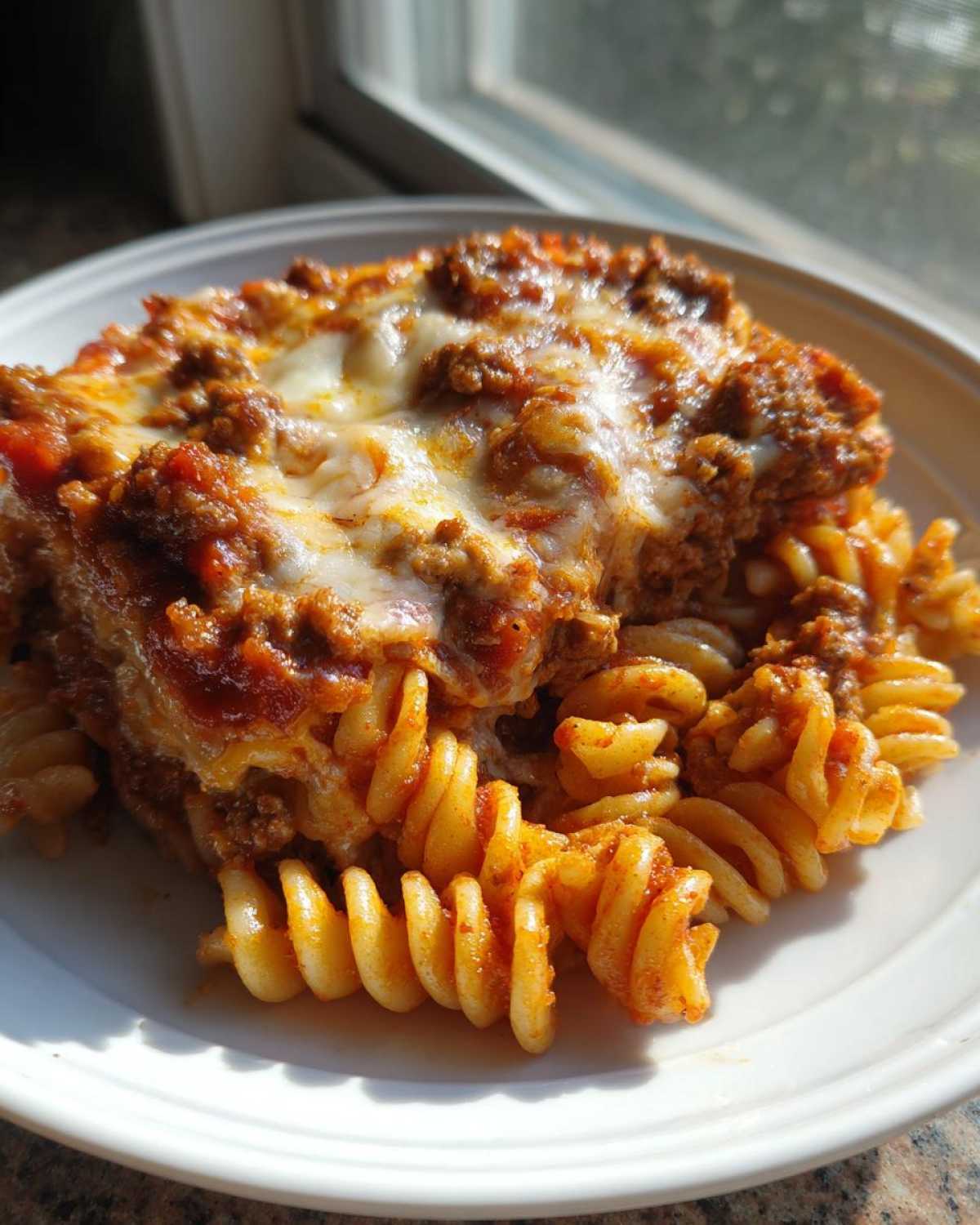 A serving of cheesy pizza casserole featuring rotini pasta mixed with meat sauce and melted mozzarella cheese.