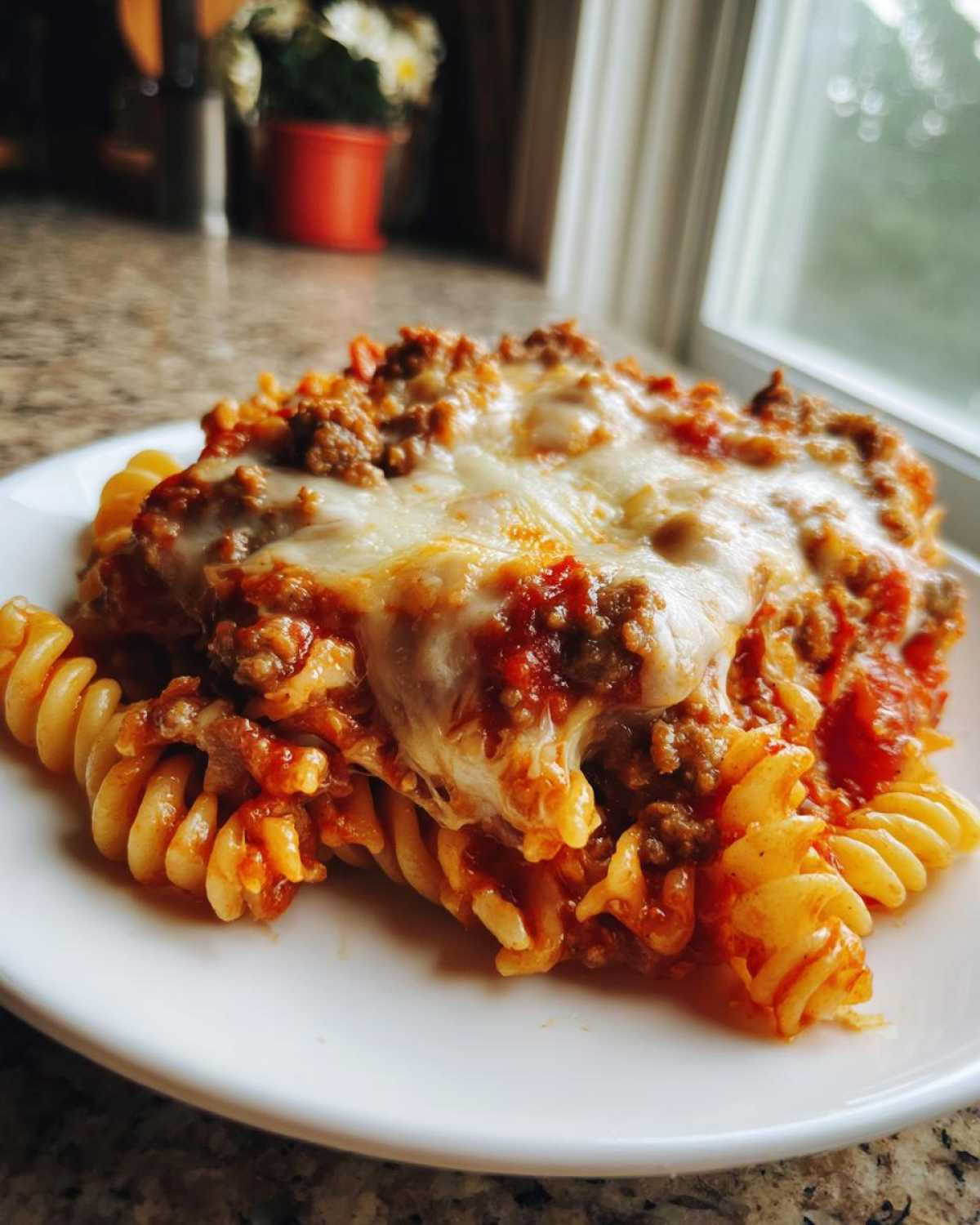 Close-up of a serving of pizza casserole made with rotini pasta, meat sauce, and melted mozzarella cheese.