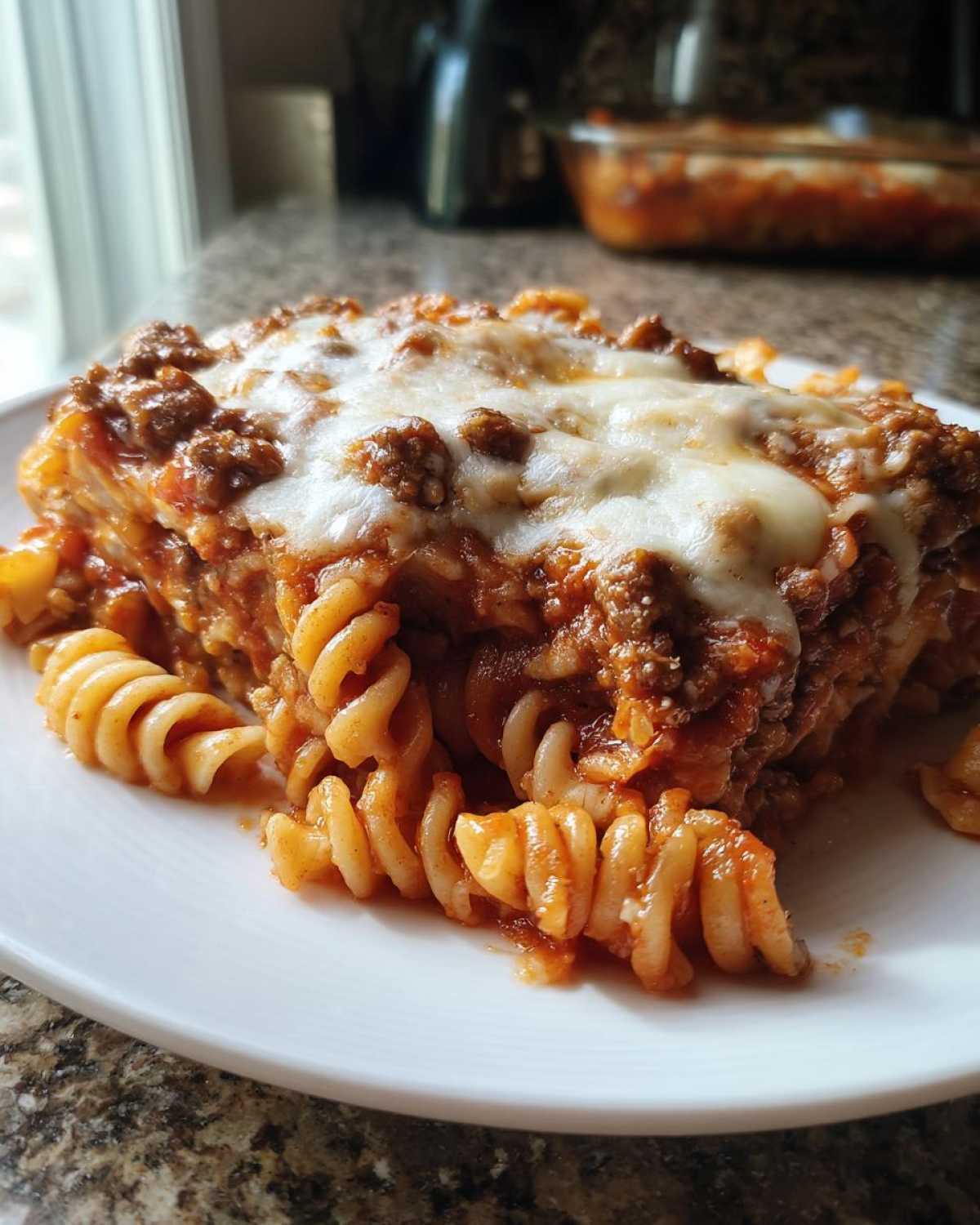 A close-up of a hearty serving of pizza casserole featuring rotini pasta, meat sauce, and melted mozzarella cheese.