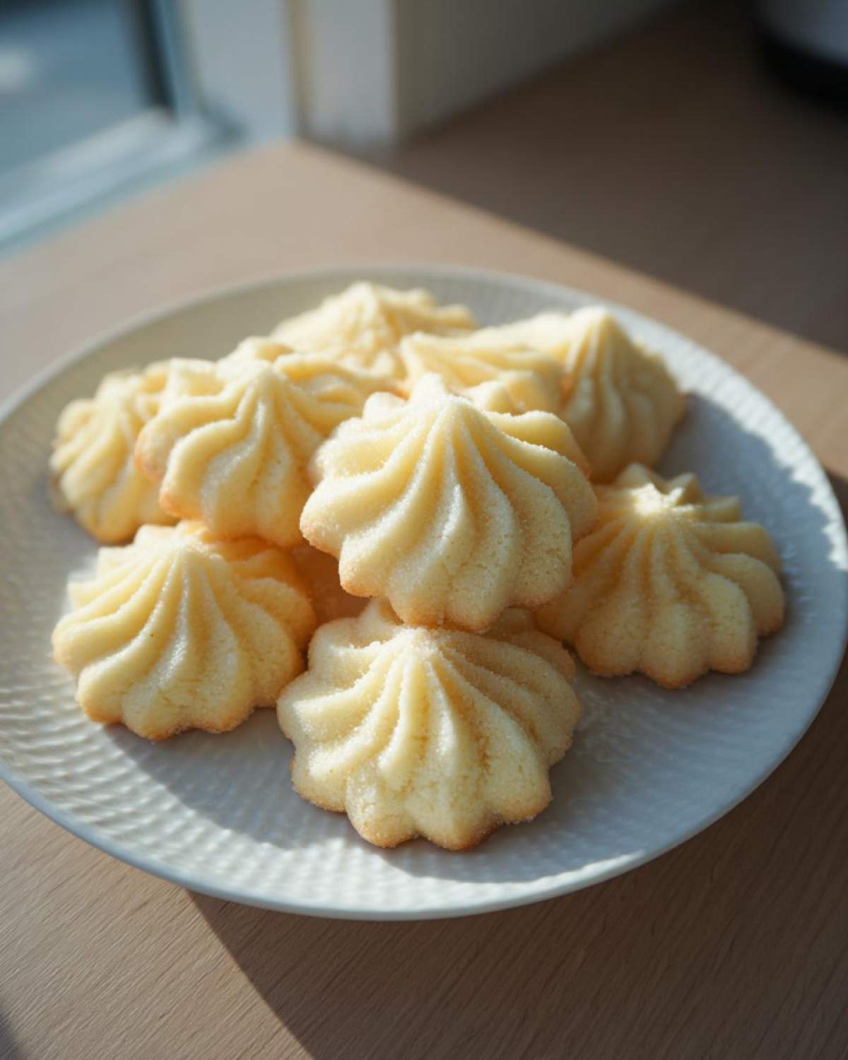 A pile of freshly baked, piped butter cookie treats arranged on a light gray, textured plate.