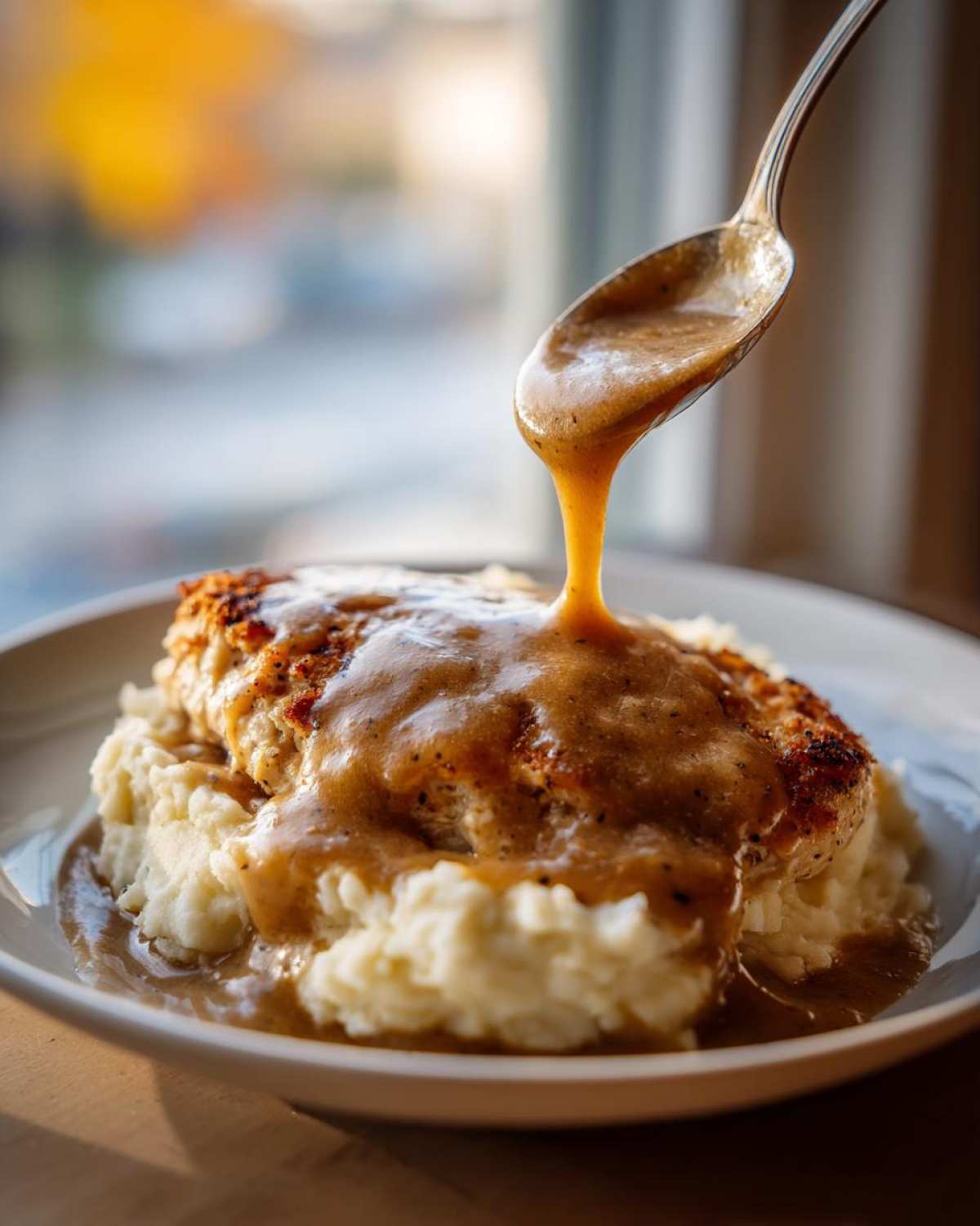 A spoonful of rich brown gravy is being poured over a piece of seared chicken resting on mashed potatoes, featuring the perfect chicken and gravy.