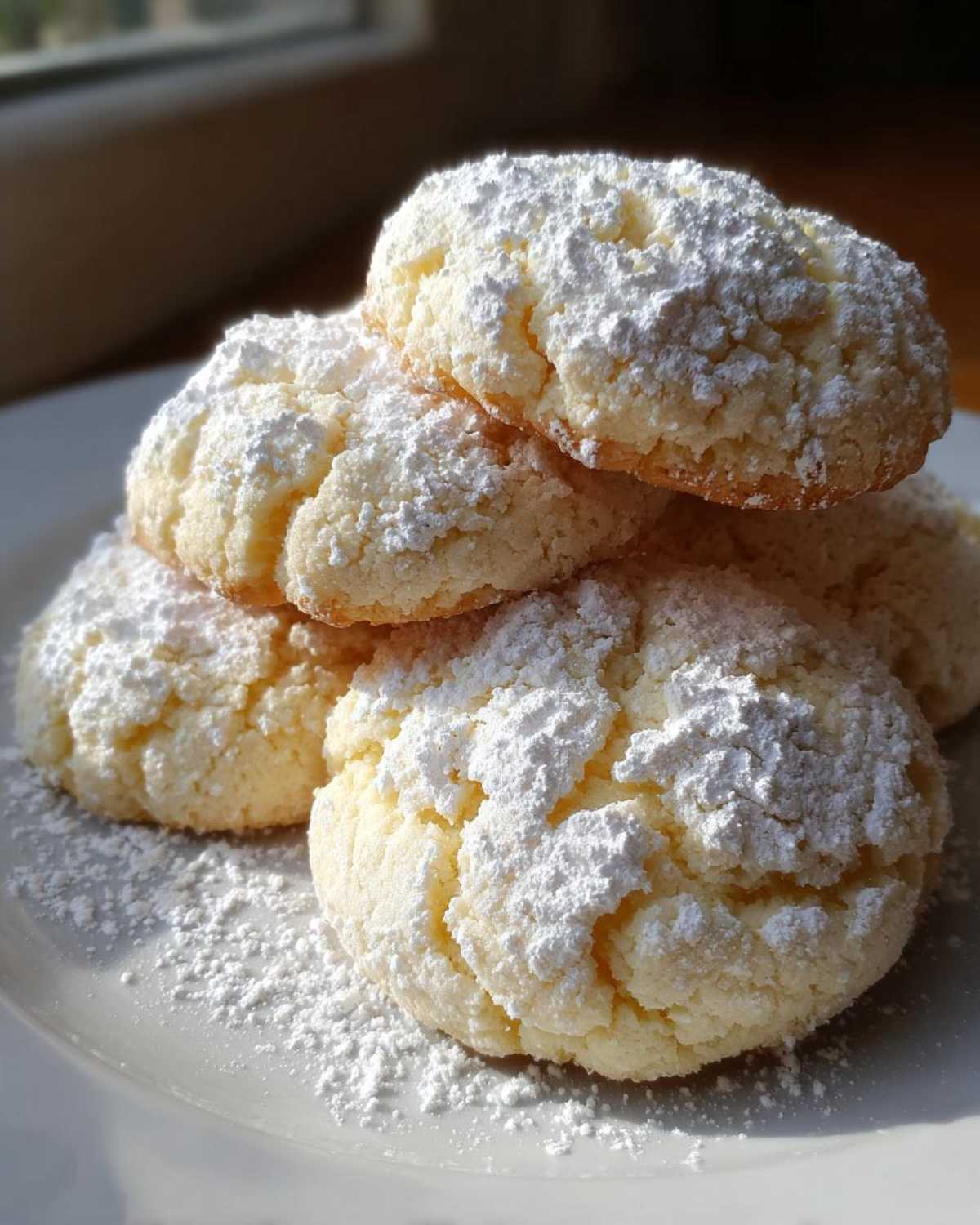 Stack of soft, crinkle-topped Cool Whip Cookies generously dusted with powdered sugar on a white plate.