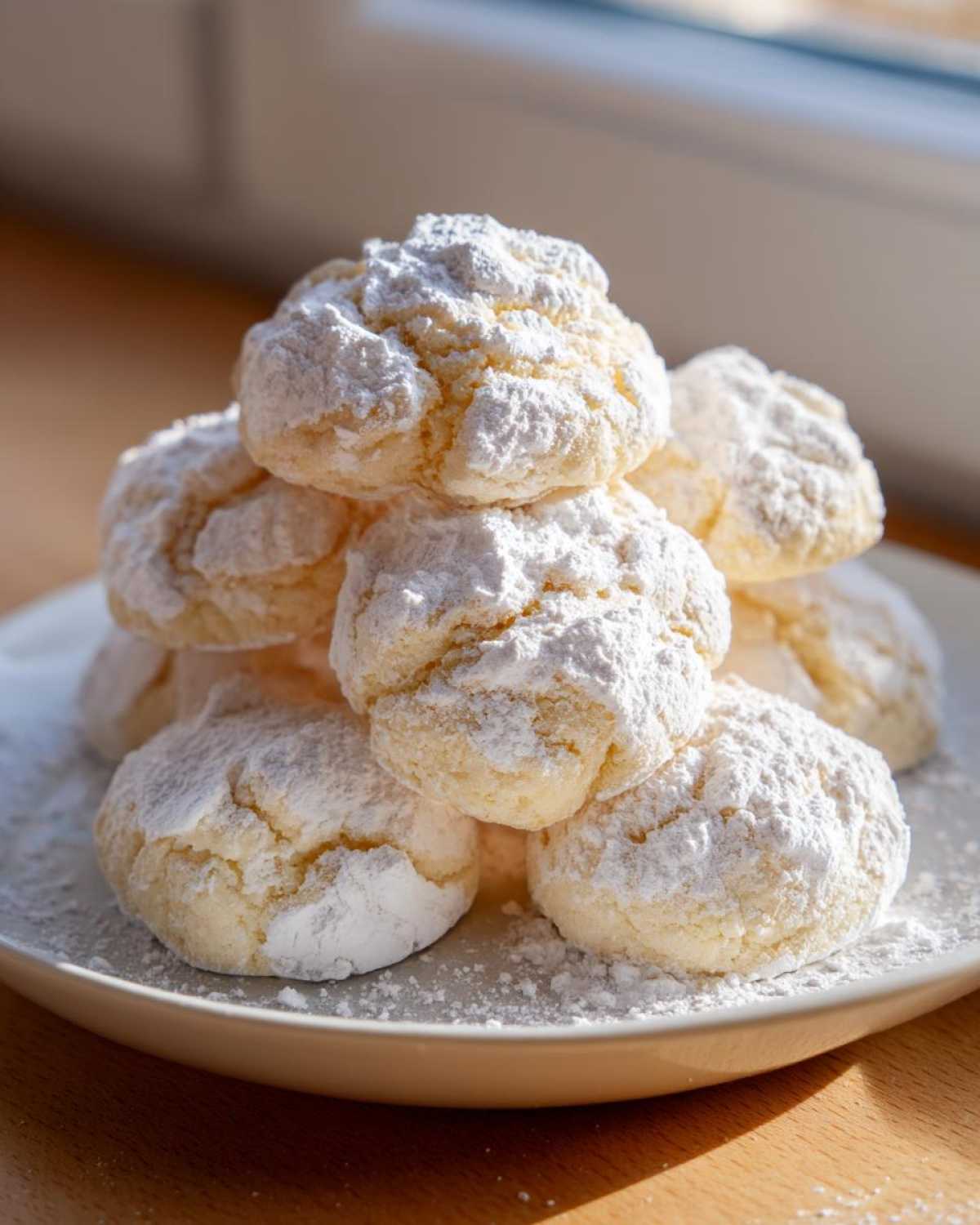 A stack of soft, crinkle-topped Cool Whip cookies heavily dusted with powdered sugar on a light plate.
