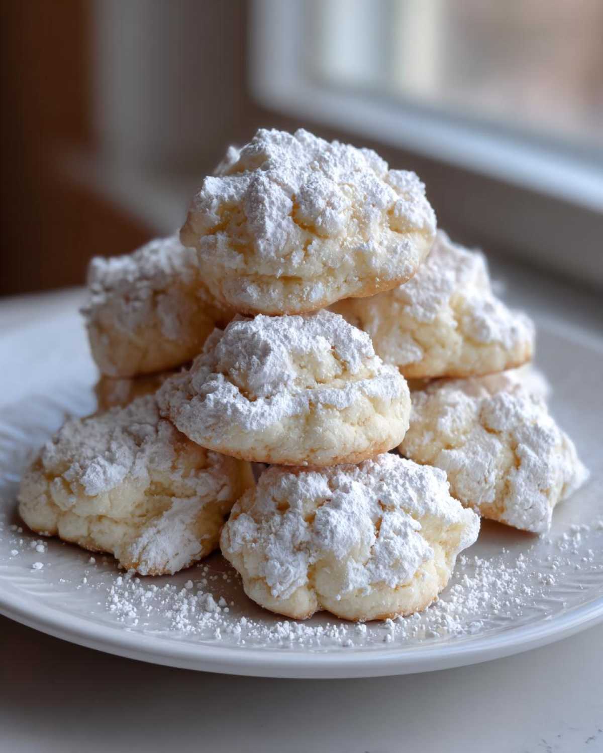A stack of soft, crinkle-topped Cool Whip Cookies heavily dusted with powdered sugar on a white plate.