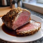 Close-up of a medium-rare prime rib recipe roast, sliced and resting in its own juices on a white plate.