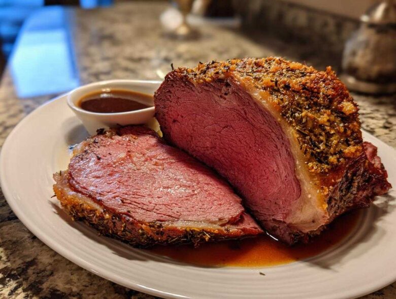 A thick slice of medium-rare prime rib recipe roast with a seasoned crust, resting on a plate with au jus.