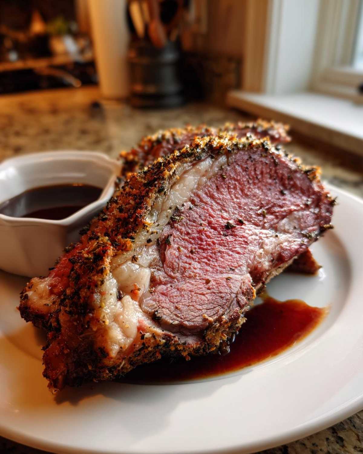 Close-up of a thick slice of medium-rare prime rib recipe with a seasoned crust, served with au jus.