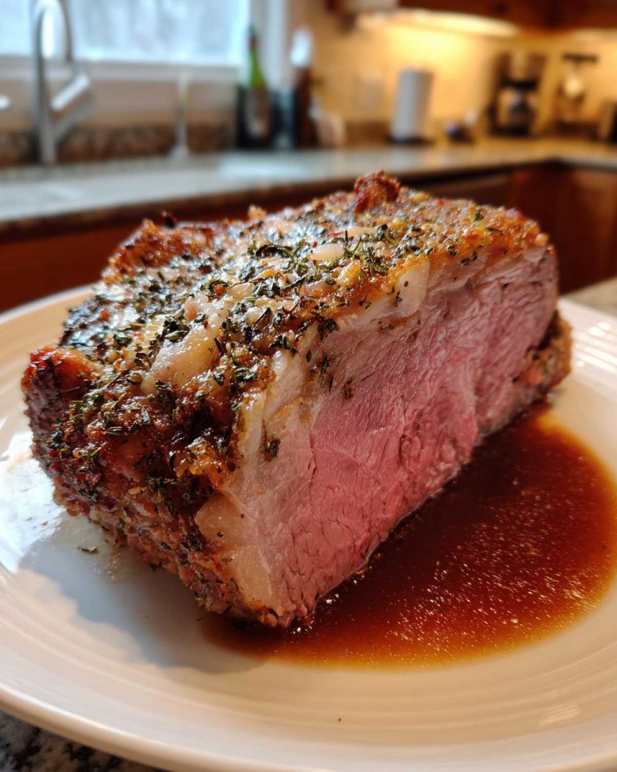 A thick slice of medium-rare prime rib recipe roast resting in its own rich jus on a white plate.