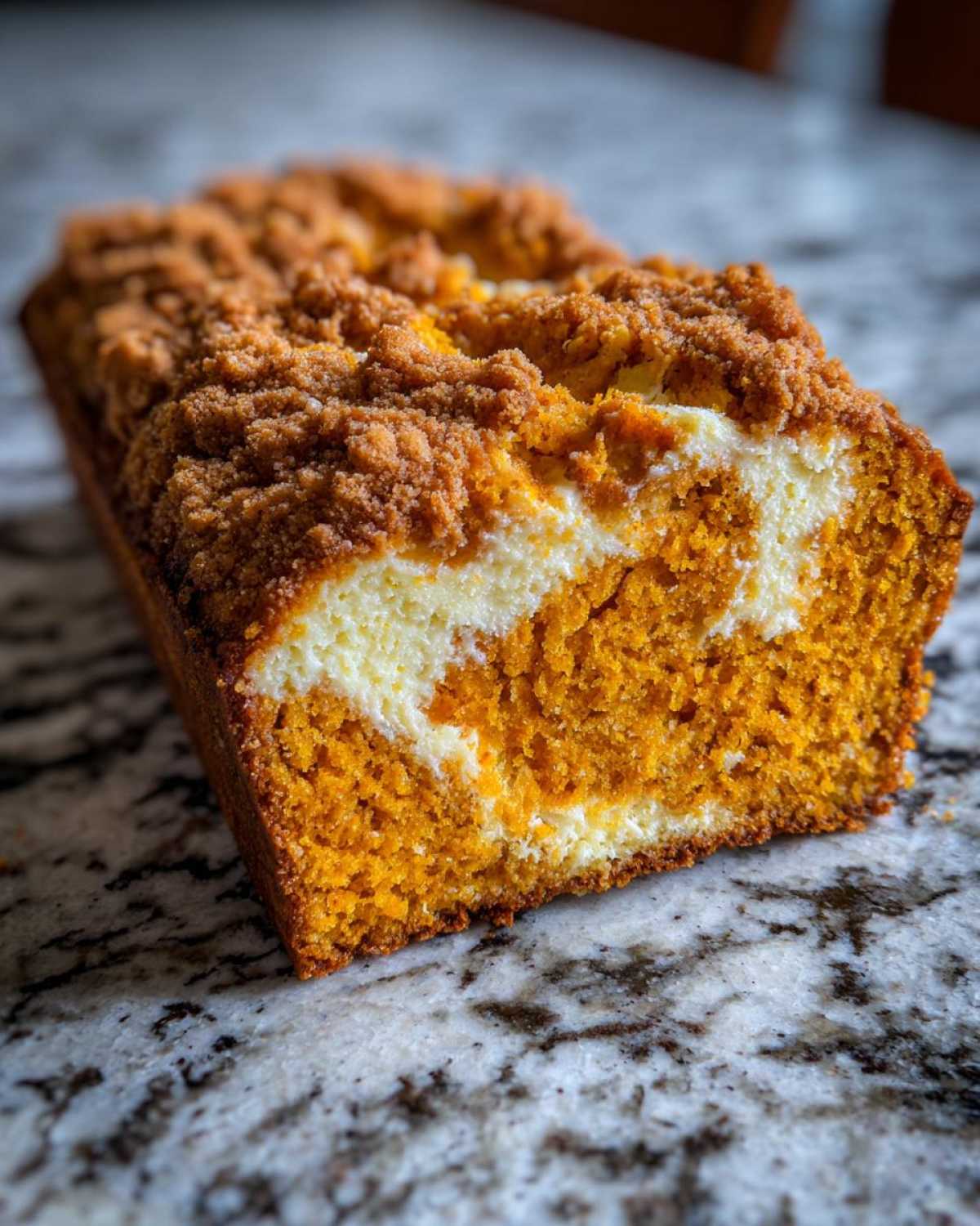 Close-up of a freshly baked pumpkin cream cheese bread loaf showing the orange pumpkin cake, white cream cheese swirl, and brown streusel topping.