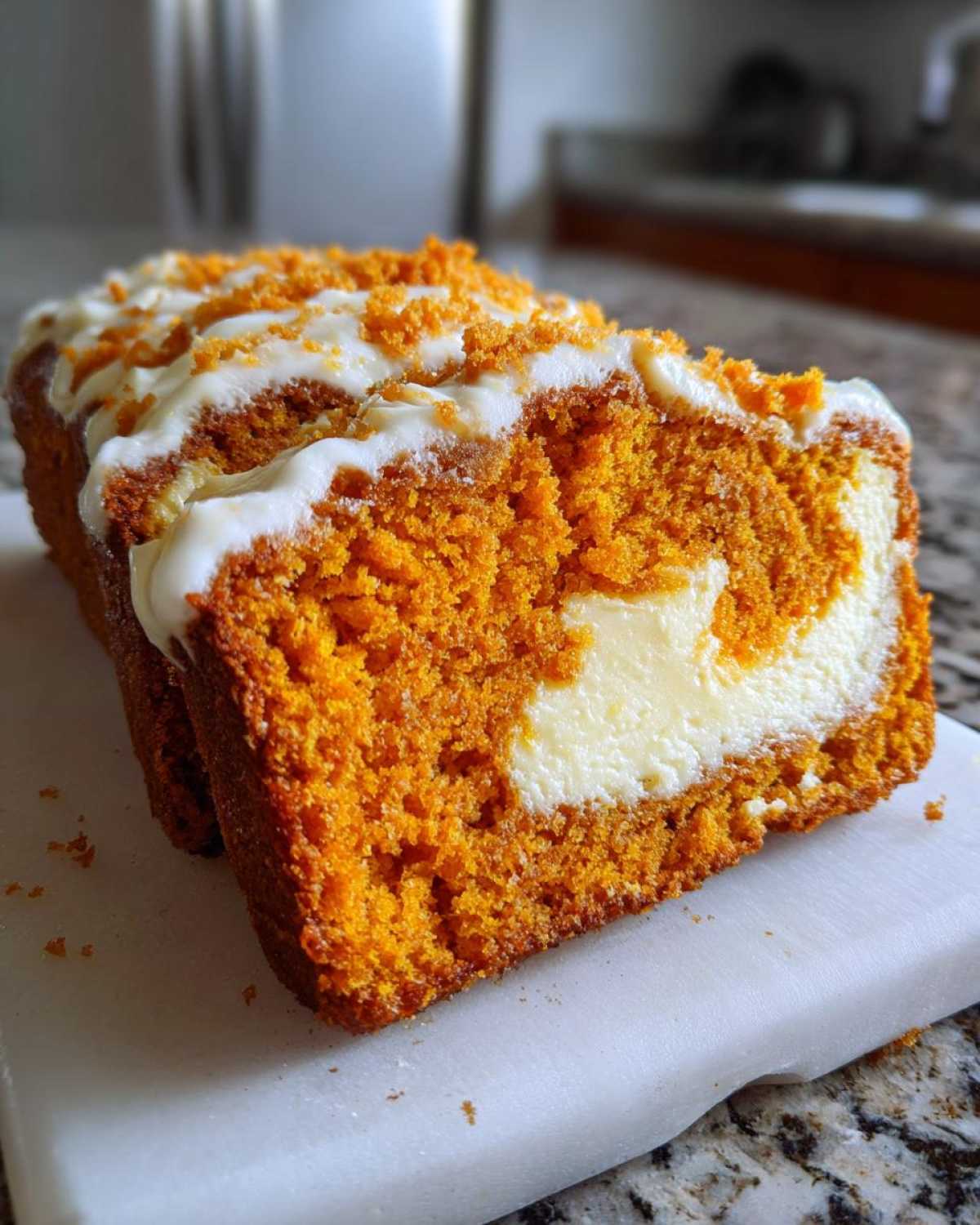 Close-up of a slice of moist pumpkin cream cheese bread showing the orange crumb and creamy white filling.