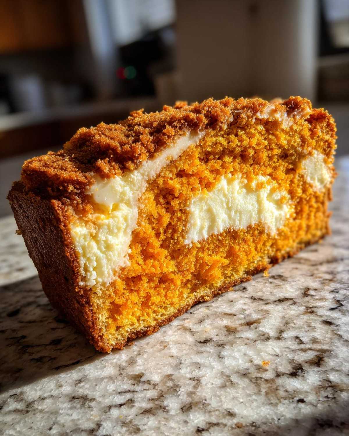 Close-up of a moist slice of pumpkin cream cheese bread showing the bright orange cake, white cream cheese swirl, and crumb topping.