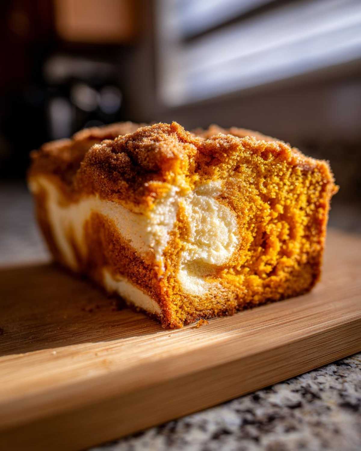 Close-up of a thick slice of pumpkin cream cheese bread showing the orange pumpkin swirl and cream cheese center, topped with streusel.