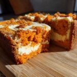 Close-up of two slices of moist pumpkin cream cheese bread with a visible cream cheese swirl and crumb topping.