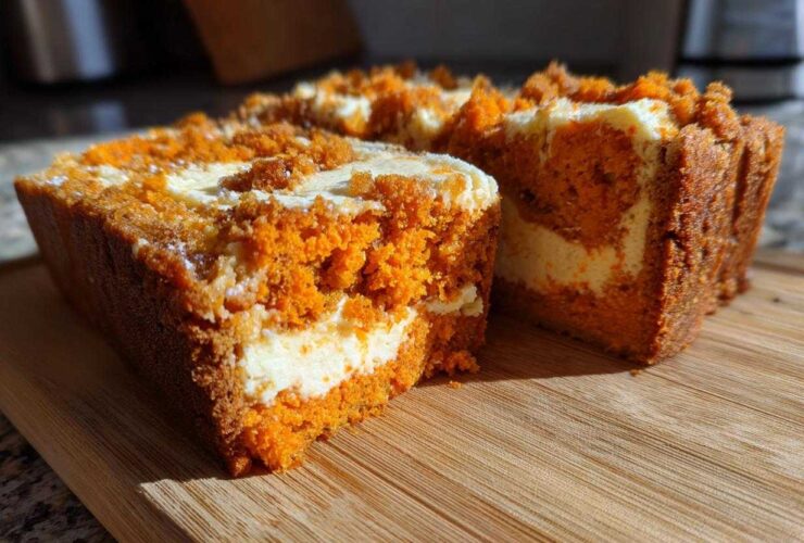 Close-up of two slices of moist pumpkin cream cheese bread with a visible cream cheese swirl and crumb topping.