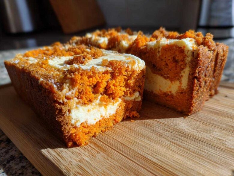 Close-up of two slices of moist pumpkin cream cheese bread with a visible cream cheese swirl and crumb topping.