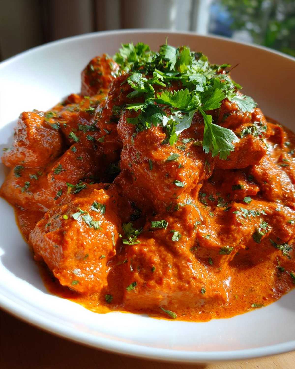 Close-up of rich, orange-red butter chicken pieces generously topped with fresh cilantro.