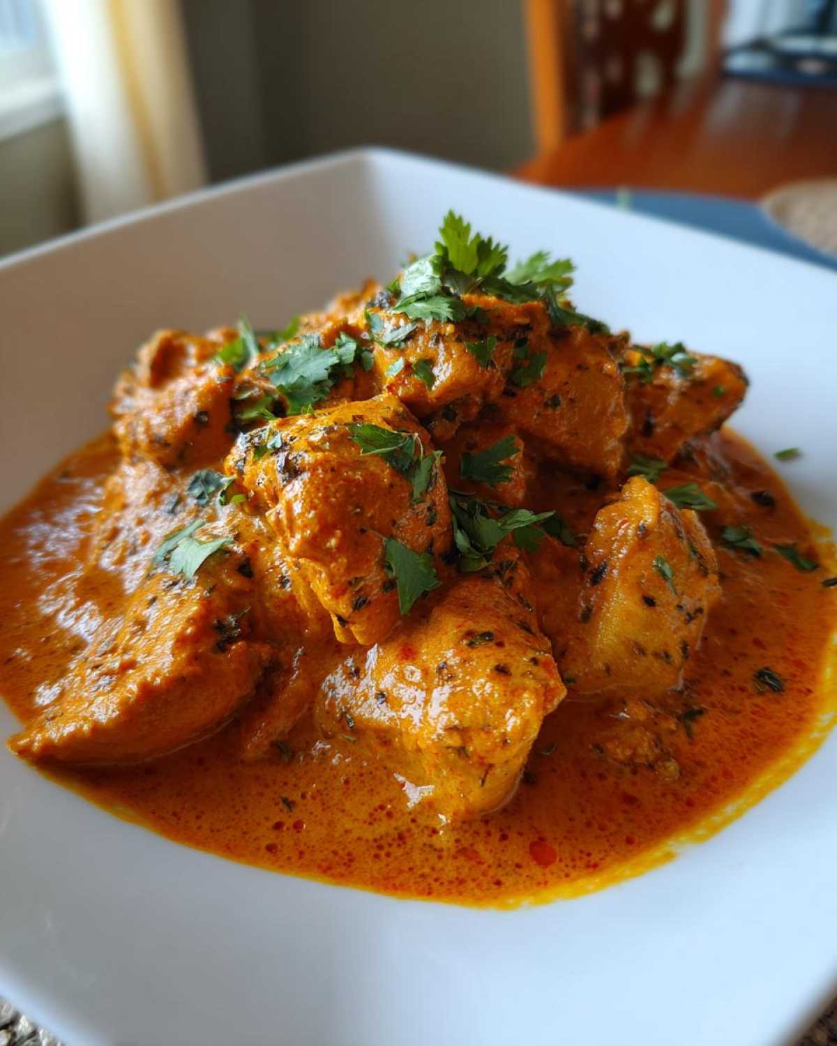Close-up of tender chicken pieces coated in rich, orange sauce, garnished with fresh cilantro, representing amazing butter chicken.