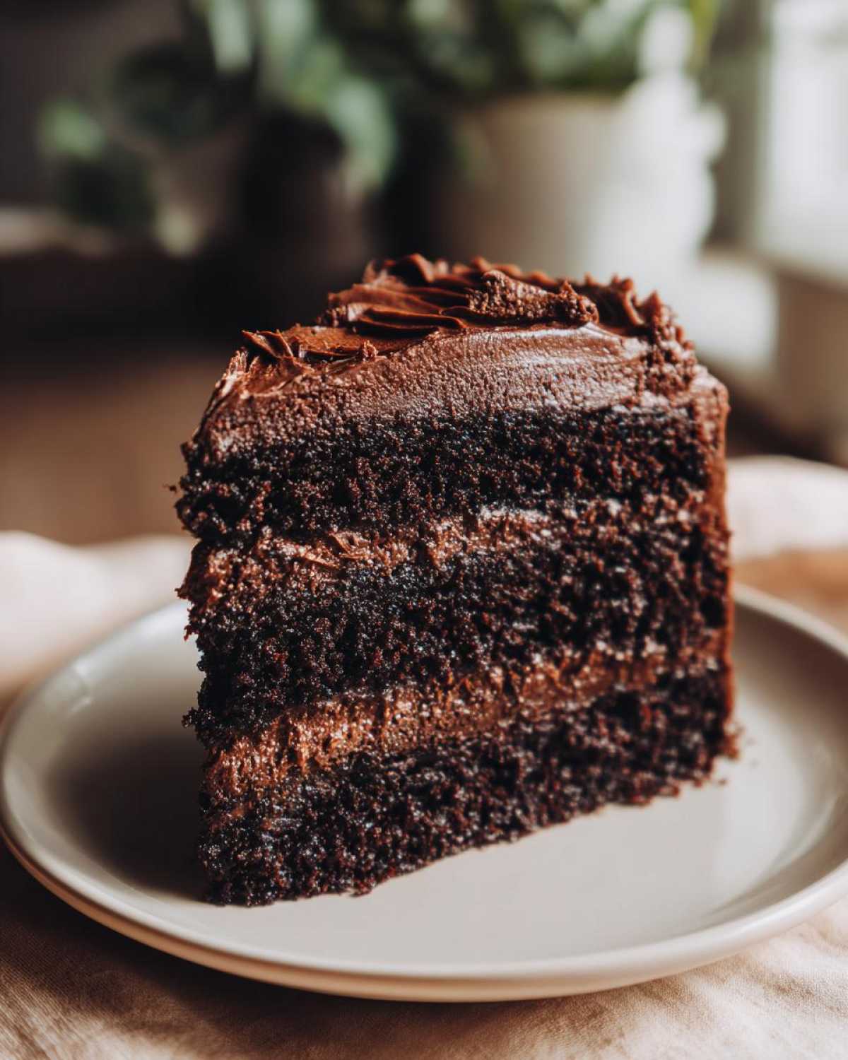 Close-up of a decadent, multi-layered slice of chocolate cake recipe on a light plate.