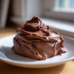 A generous mound of rich, dark chocolate frosting swirled high on a small white plate.