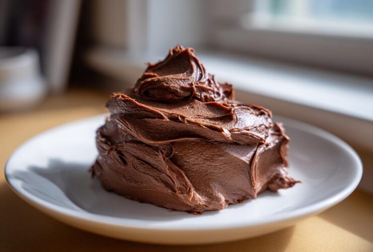 A generous mound of rich, dark chocolate frosting swirled high on a small white plate.
