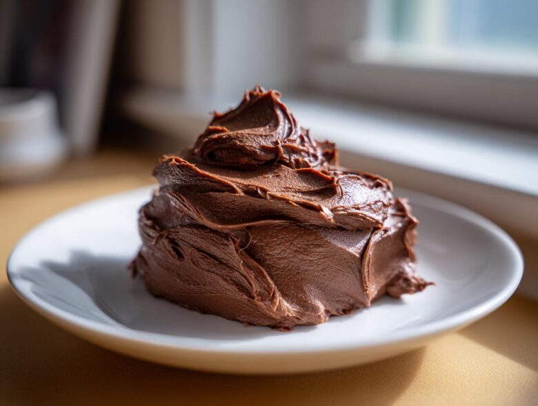 A generous mound of rich, dark chocolate frosting swirled high on a small white plate.