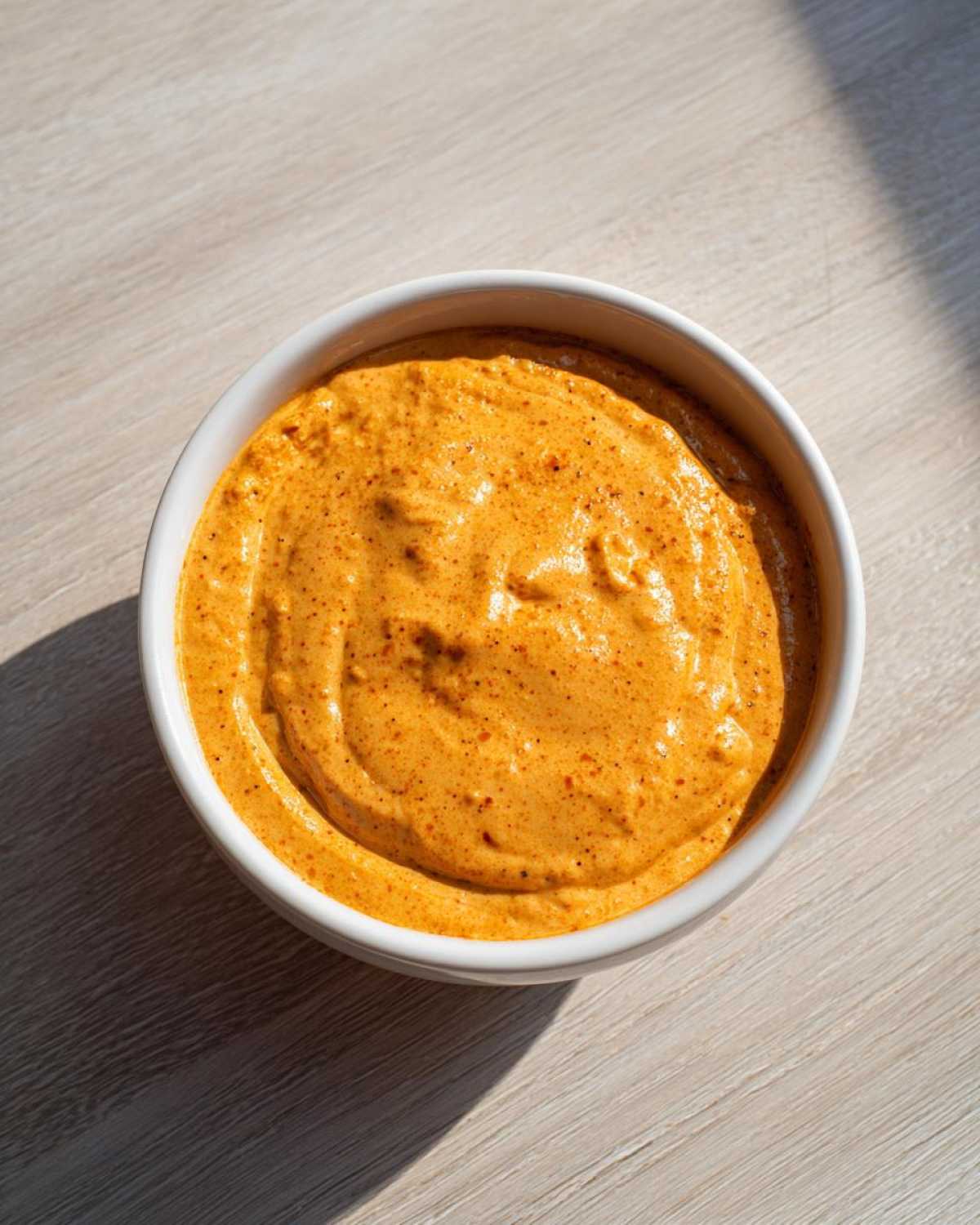Overhead shot of a thick, creamy, orange beer cheese dip served in a white bowl on a light wooden surface.