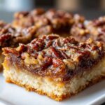 A close-up, mouthwatering view of a single serving of pecan pie bars showing the buttery shortbread crust and gooey pecan topping.