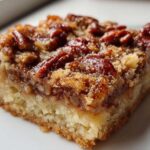 A close-up, macro shot of a single serving of rich pecan pie bars showing the thick, buttery crust and gooey pecan topping.