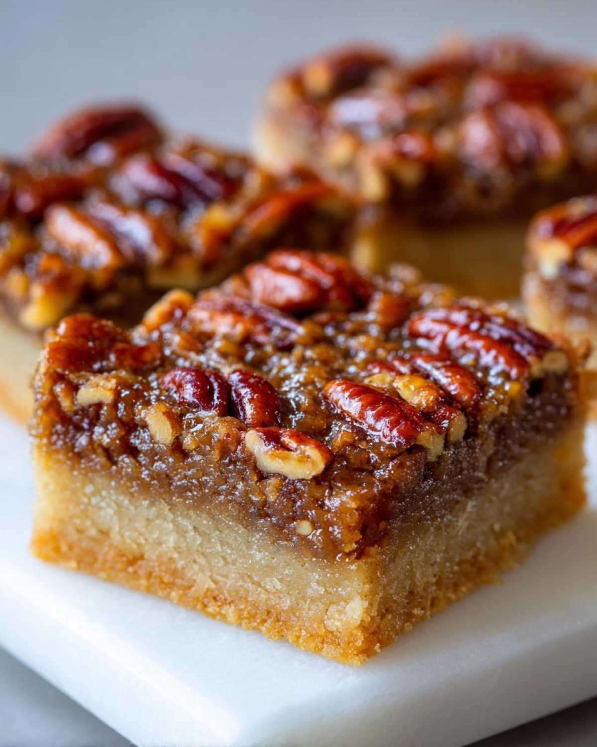A close-up, focus shot of a single, thick pecan pie bars square with a gooey topping and shortbread crust.
