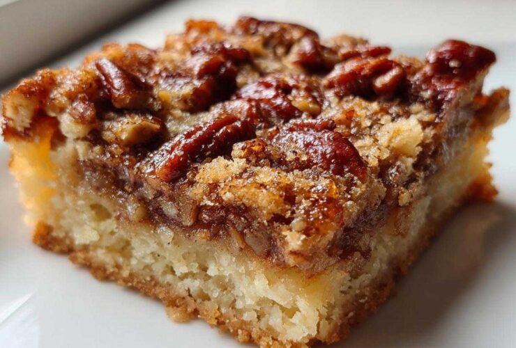 A close-up, macro shot of a single serving of rich pecan pie bars showing the thick, buttery crust and gooey pecan topping.