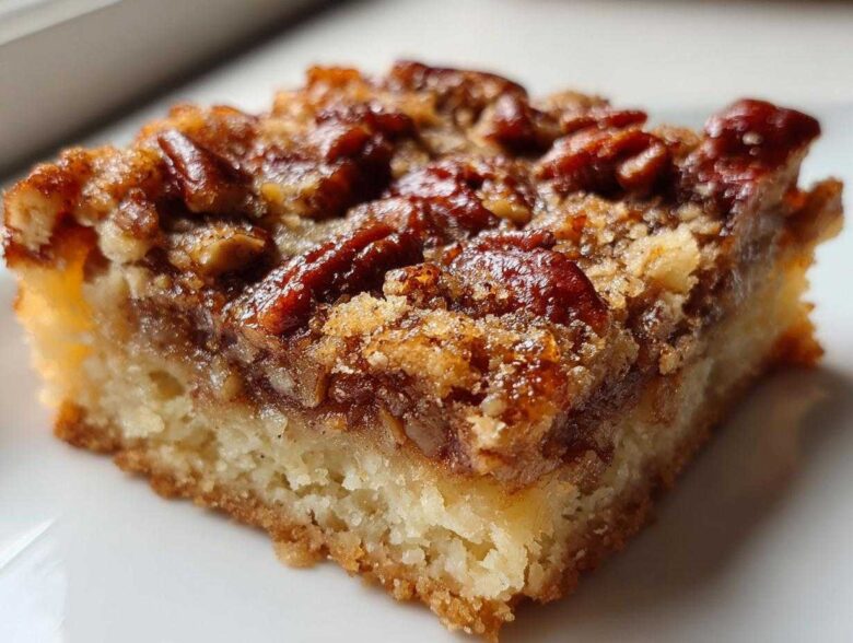 A close-up, macro shot of a single serving of rich pecan pie bars showing the thick, buttery crust and gooey pecan topping.