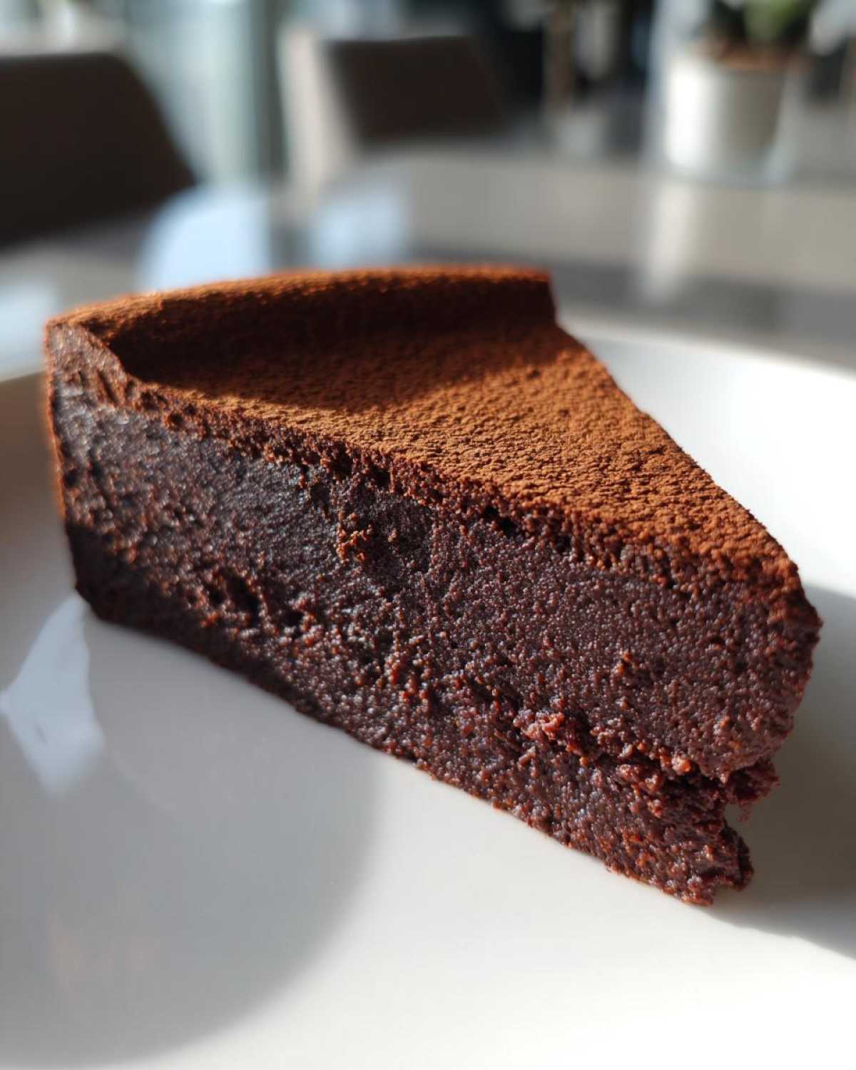 A dense, rich slice of flourless chocolate cake dusted with cocoa powder, served on a white plate.