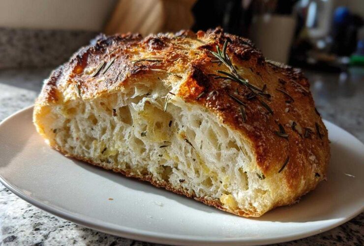 Cross-section of a rustic artisan bread loaf showing an open crumb structure and a dark, herbed crust.