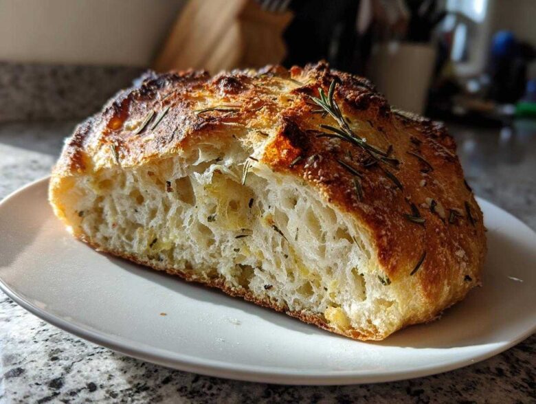 Cross-section of a rustic artisan bread loaf showing an open crumb structure and a dark, herbed crust.