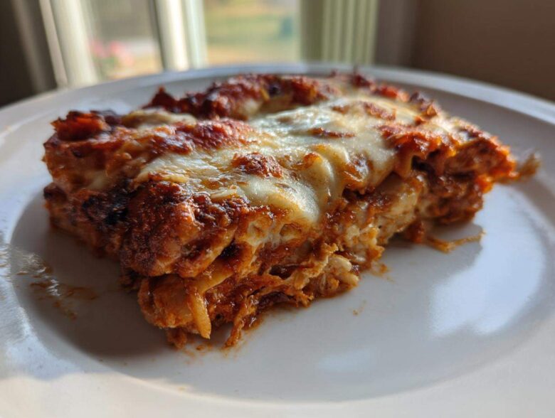 A close-up of a serving of easy chicken enchiladas covered in melted, bubbly cheese and red sauce on a white plate.