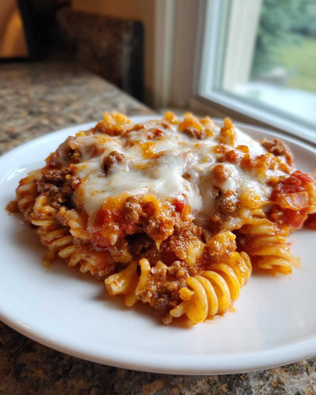 A close-up of a serving of pizza casserole featuring rotini pasta, rich meat sauce, and melted mozzarella cheese on a white plate.
