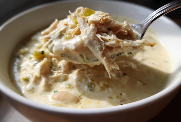 A spoonful of shredded white chicken being lifted from a bowl of creamy white chili.