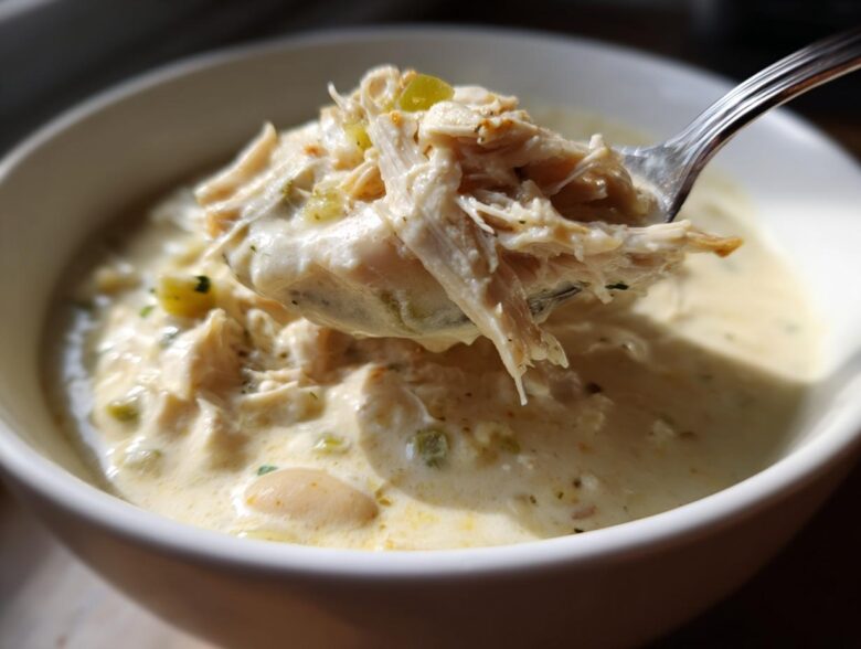 A spoonful of shredded white chicken being lifted from a bowl of creamy white chili.