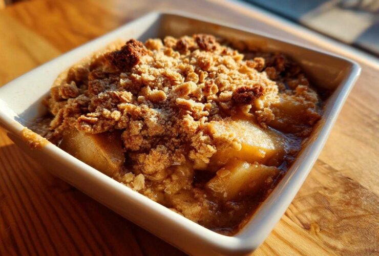 Close-up of a warm, bubbling single serving apple crisp recipe in a white square dish.