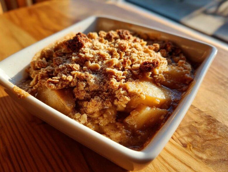 Close-up of a warm, bubbling single serving apple crisp recipe in a white square dish.
