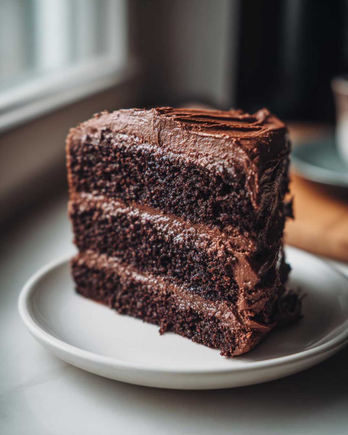 A tall, moist slice of triple-layer chocolate cake recipe covered in thick chocolate frosting on a white plate.