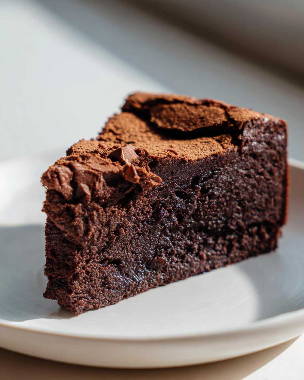A decadent slice of flourless chocolate cake, intensely dark and moist, dusted with cocoa powder.