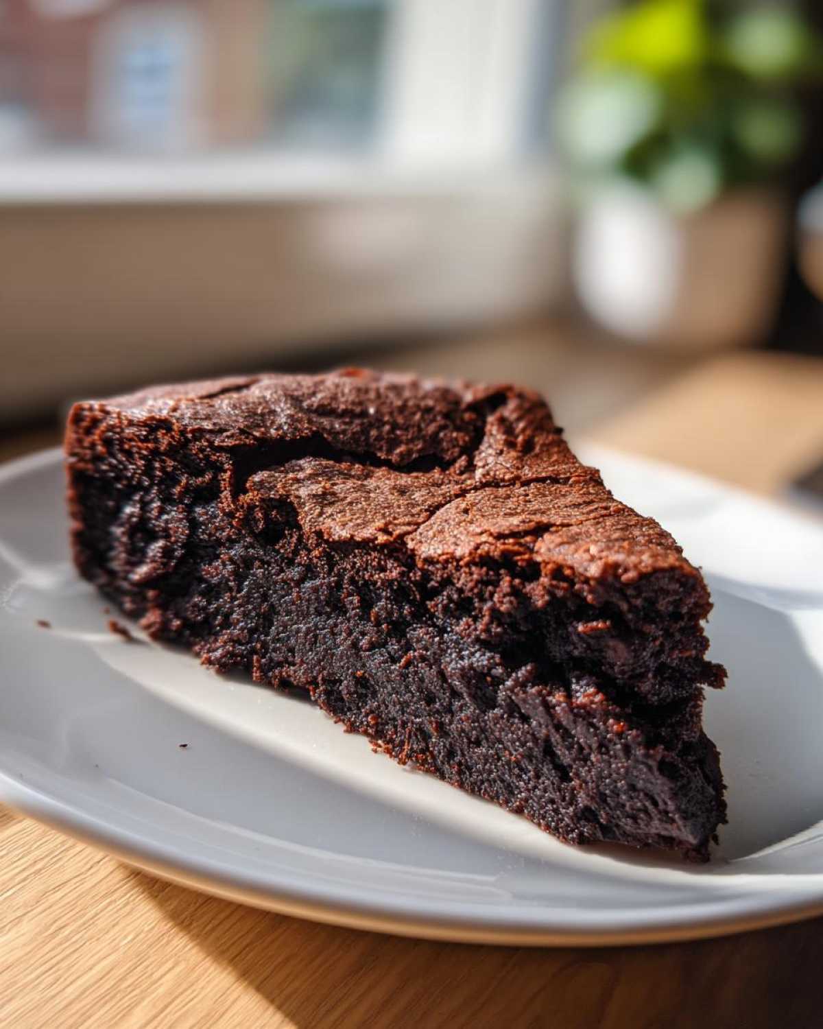 A close-up of a dense, dark slice of flourless chocolate cake resting on a white plate.